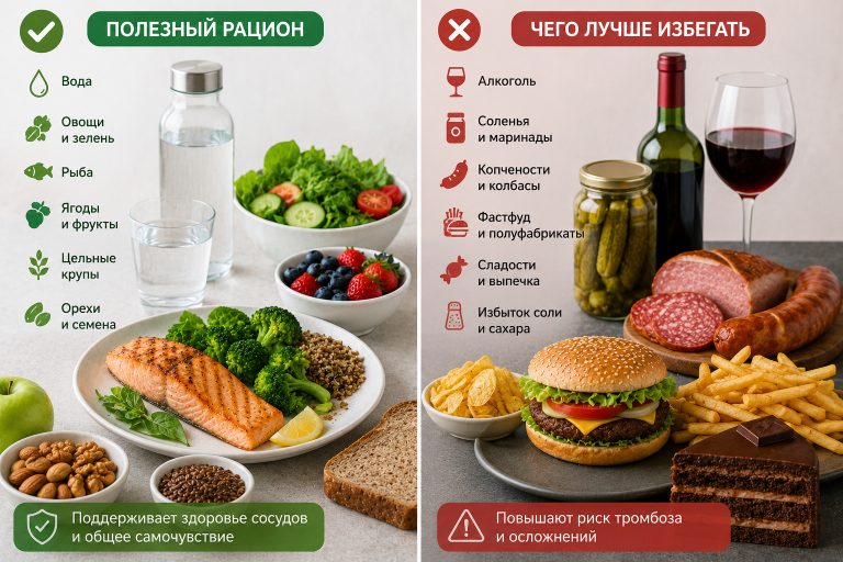 сравнение, слева полезный рацион с водой и овощами, справа алкоголь, соленья, колбаса и фастфуд