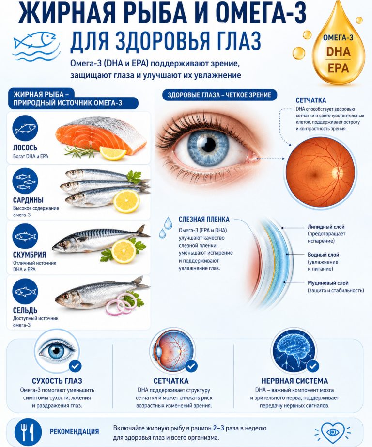 лосось, сардины, скумбрия, сельдь, омега-3 DHA и EPA, глаз и сетчатка, слёзная плёнка, подписи: «Сетчатка», «Сухость глаз», «Нервная система»