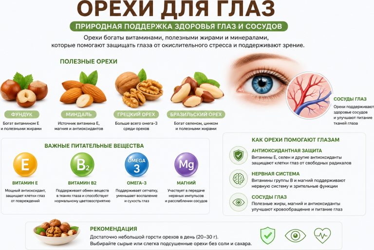 фундук, миндаль, грецкий орех, бразильский орех, значки витамина E, B2, омега-3, магний, глаз и сосуды, подписи: «Антиоксидантная защита», «Нервная система», «Сосуды глаз»