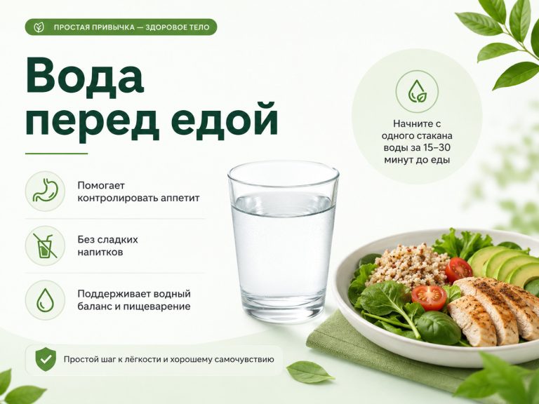 Медицинская инфографика, стакан воды рядом с тарелкой здоровой еды, подписи: «Вода перед едой», «Помогает контролировать аппетит», «Без сладких напитков», чистый минимализм, светлый фон, русский язык