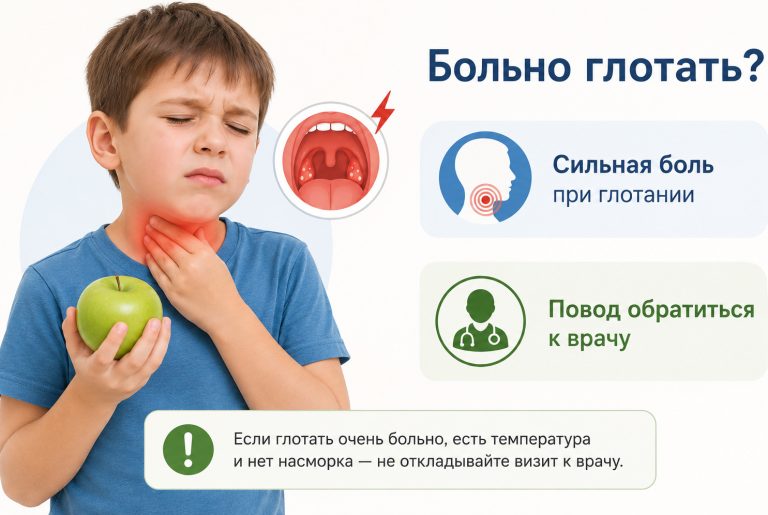 медицинская минималистичная инфографика, ребёнок держит яблоко, рядом иконка боли в горле, подписи: «Сильная боль при глотании», «Повод обратиться к врачу»