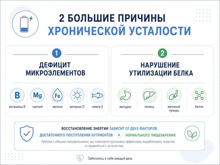 2 большие причины хронической усталости: «Дефицит микроэлементов» и «Нарушение утилизации белка», под ними иконки: витамины B, магний, железо, витамин D, омега-3, желудок, печень, желчный пузырь, белок