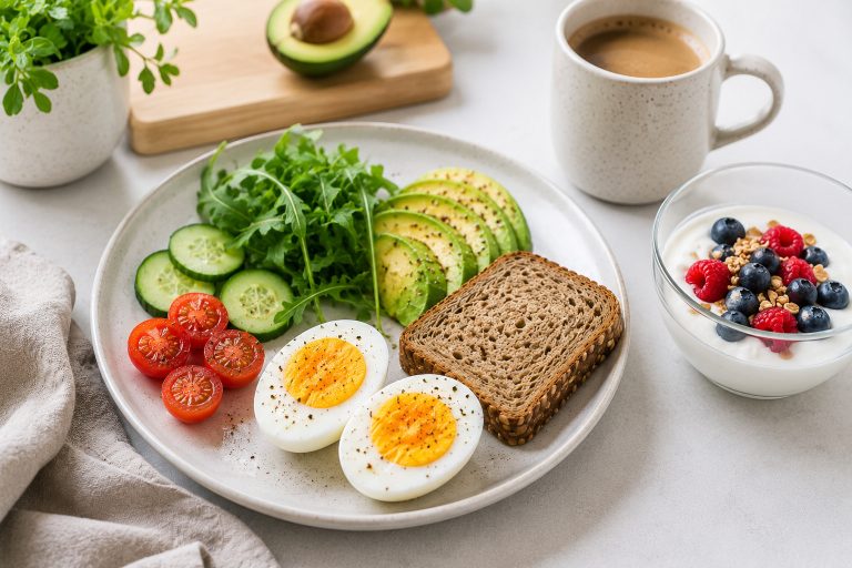 здоровый завтрак для похудения: варёное яйцо, цельнозерновой хлеб, авокадо, овощи, греческий йогурт с ягодами, чашка кофе