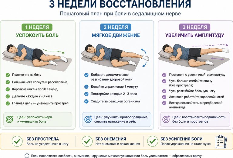 1 неделя — успокоить боль, 2 неделя — мягкое движение, 3 неделя — увеличить амплитуду. Внизу: “без прострела, без онемения, без усиления боли”