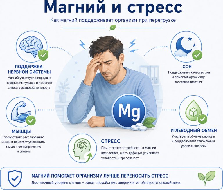 медицинская инфографика, человек в стрессе, рядом иконки: нервная система, сон, мышцы, углеводный обмен, магний Mg, подписи: «Поддержка нервной системы», «Сон», «Мышцы», «Стресс»