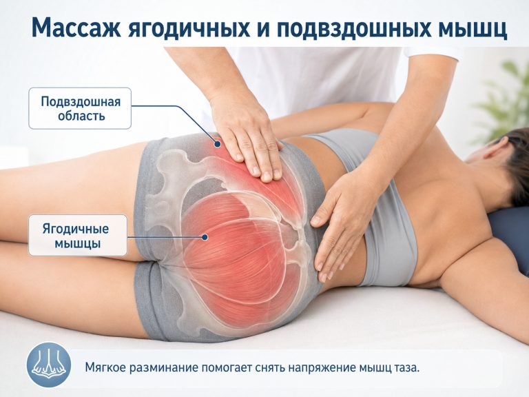 иллюстрация массажа ягодичных и подвздошных мышц.