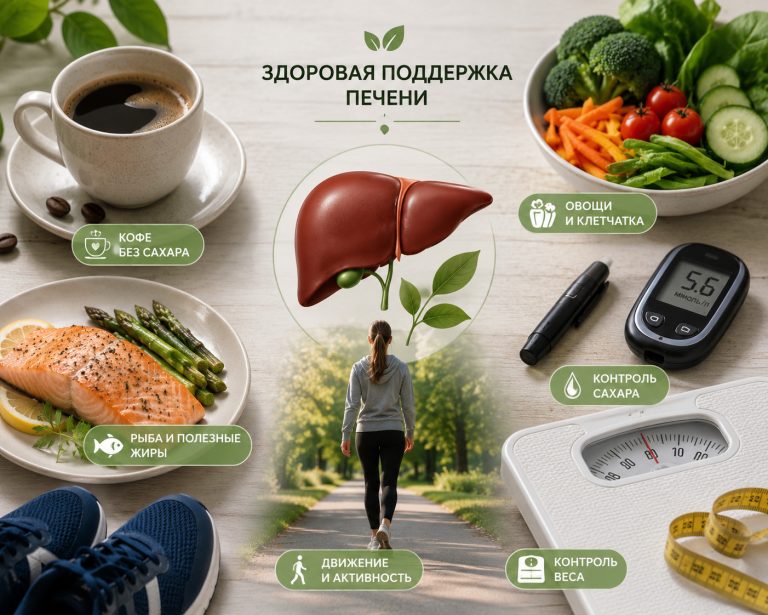 здоровая поддержка печени: кофе без сахара, овощи, рыба, ходьба, контроль сахара и веса