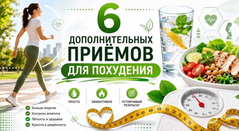 Обложка статьи о похудении, светлый медицинский минимализм, человек идёт пешком, рядом стакан воды, тарелка полезной еды, сантиметровая лента и весы, спокойная зелёно-белая палитра, чистая инфографика, русский язык, заголовок: «6 дополнительных приёмов для похудения