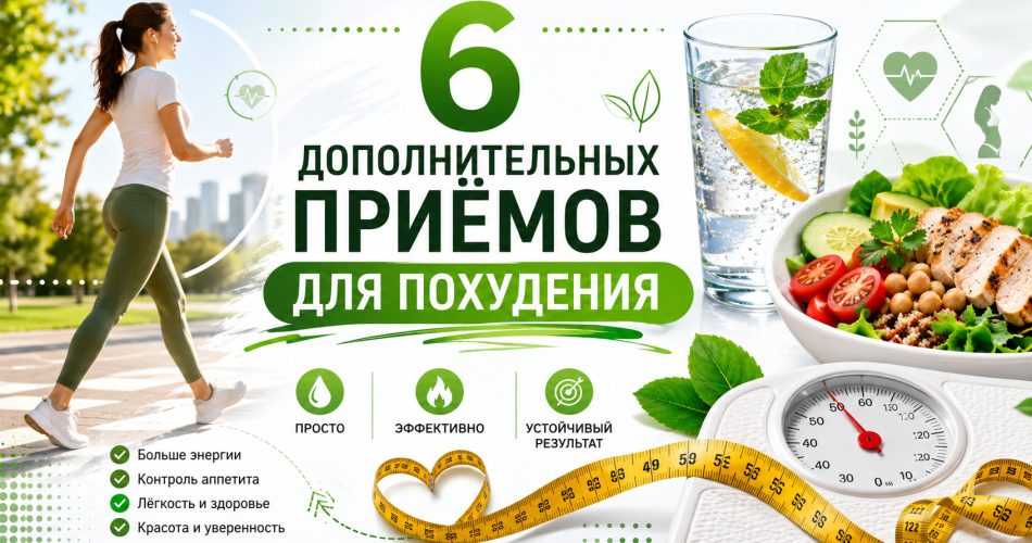 Обложка статьи о похудении, светлый медицинский минимализм, человек идёт пешком, рядом стакан воды, тарелка полезной еды, сантиметровая лента и весы, спокойная зелёно-белая палитра, чистая инфографика, русский язык, заголовок: «6 дополнительных приёмов для похудения