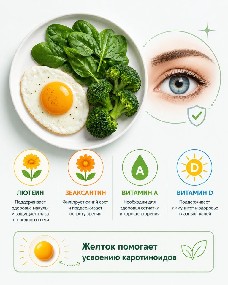 тарелка с яйцом, шпинатом и брокколи, рядом глаз, лютеин, зеаксантин, витамин A и D, подпись: «Желток помогает усвоению каротиноидов»
