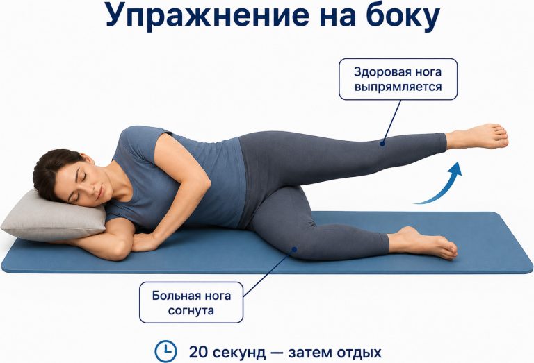 демонстрация упражнения на боку: верхняя здоровая нога выпрямляется, нижняя больная нога согнута и расслаблена