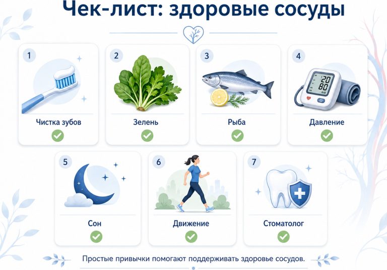 чек-лист “здоровые сосуды”: зубная щётка, зелень, рыба,

        давление, сон, движение, стоматолог.