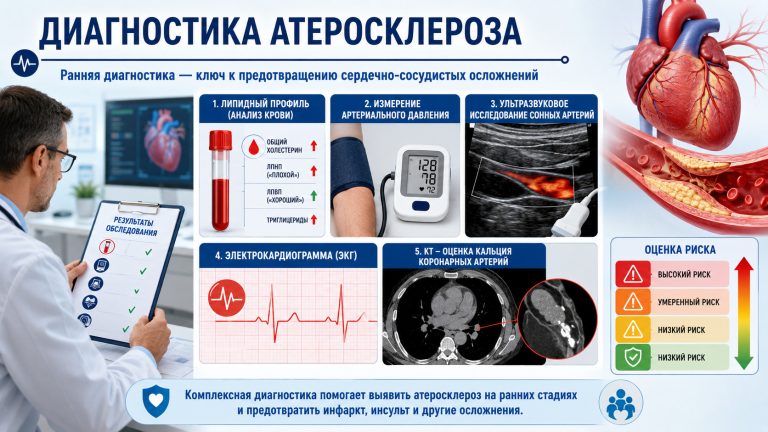 врач смотрит результаты липидного профиля, давления, УЗИ сонных артерий, ЭКГ и КТ-кальциевого индекса; рядом сердце, сосуды и шкала риска