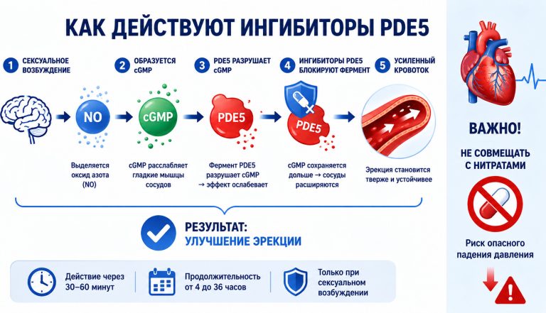 сосуды полового члена, оксид азота, cGMP, фермент PDE5 и усиление кровотока при сексуальном возбуждении; рядом сердце и предупреждение о нитратах