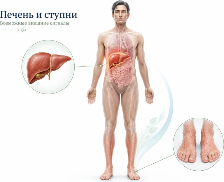 human silhouette with highlighted liver and lower legs, connection between internal organs and skin symptoms, clean white background, modern health