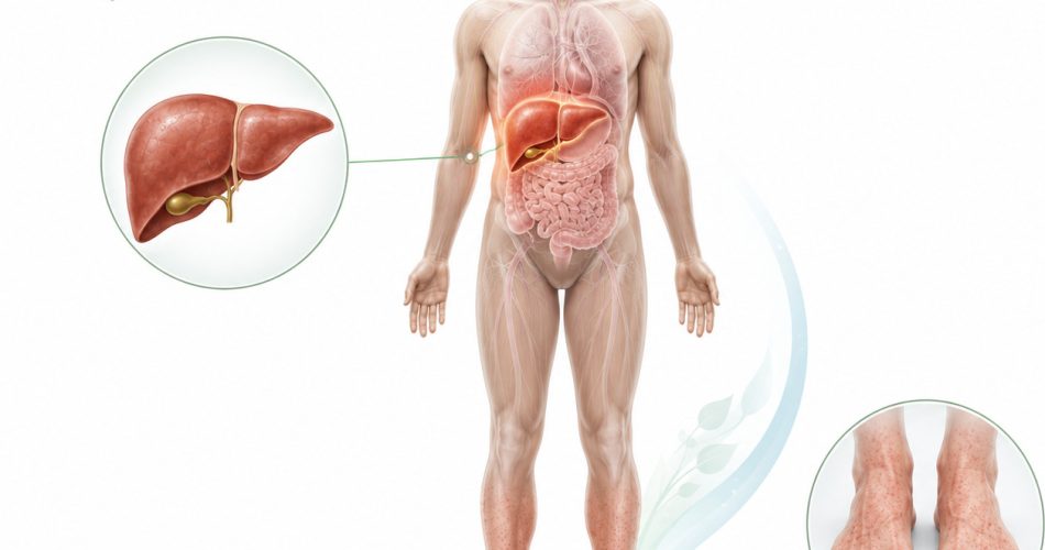 human silhouette with highlighted liver and lower legs, connection between internal organs and skin symptoms, clean white background, modern health