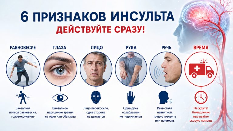 равновесие, глаза, лицо, рука, речь, время, шесть крупных простых иконок, рядом силуэт мозга и сосудов
