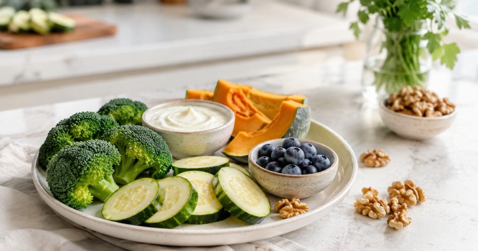 светлая кухня, тарелка с брокколи, кабачком, тыквой, черникой, натуральным йогуртом и грецкими орехами
