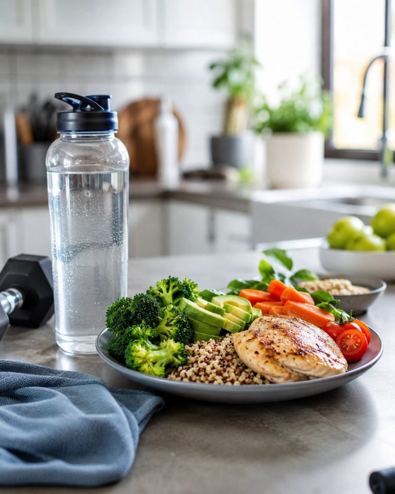 athlete nutrition concept, plate with protein food vegetables and whole grains, water bottle and sports