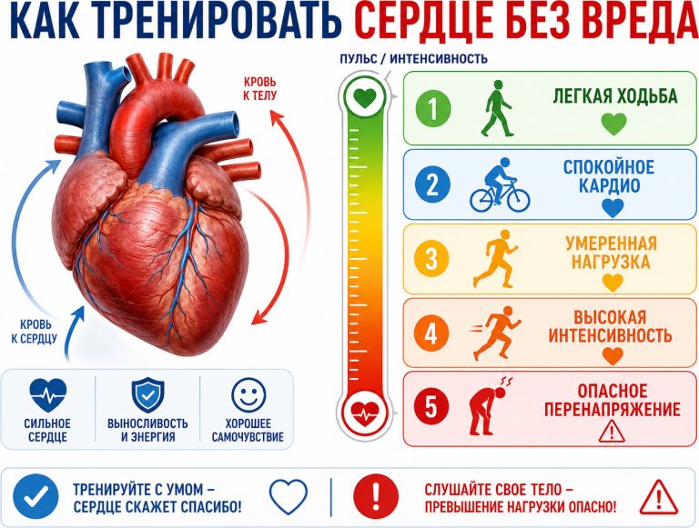 сердце как мощный насос, рядом шкала пульсовых зон от легкой ходьбы до высокой интенсивности, показать спокойное кардио, умеренную нагрузку и опасное перенапряжение
