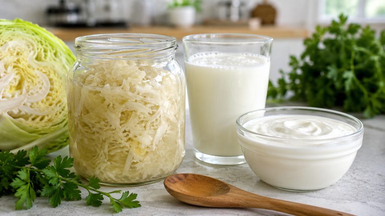 ферментированных продуктов: стеклянная банка с квашеной капустой, стакан кефира, миска белого йогурта и деревянная ложка, рядом капуста и зелень