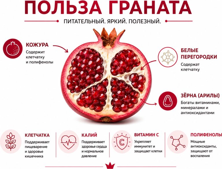 гранат в разрезе, стрелки к кожуре, белым перегородкам и зернам, рядом иконки “клетчатка”
