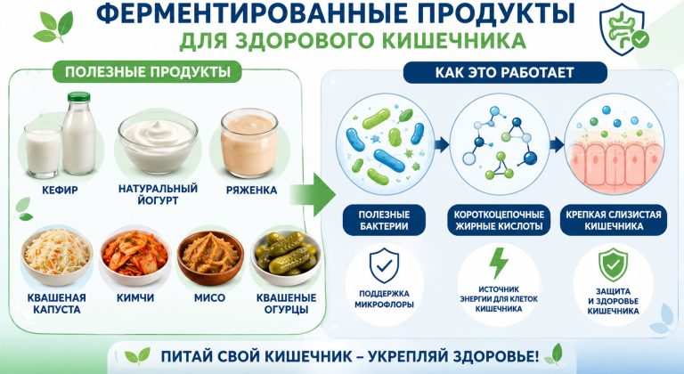 кефир, натуральный йогурт, ряженка, квашеная капуста, кимчи, мисо и квашеные огурцы; рядом показаны полезные бактерии, короткоцепочечные жирные кислоты и крепкая слизистая кишечника