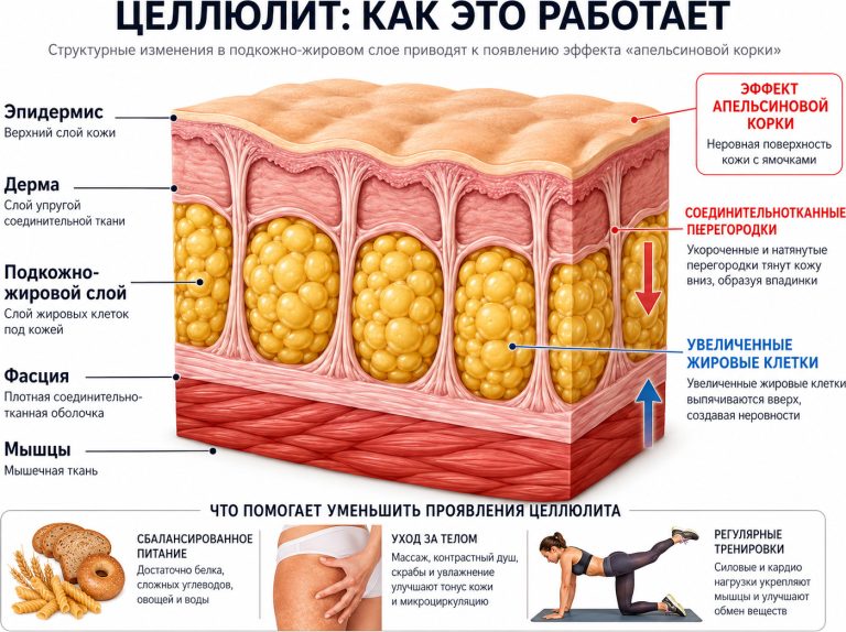 поперечный разрез кожи бедра с эпидермисом, дермой, подкожно-жировым слоем, фасцией и мышцами; показать увеличенные жировые клетки, натянутые соединительнотканные перегородки и эффект “апельсиновой корки” на поверхности кожи;