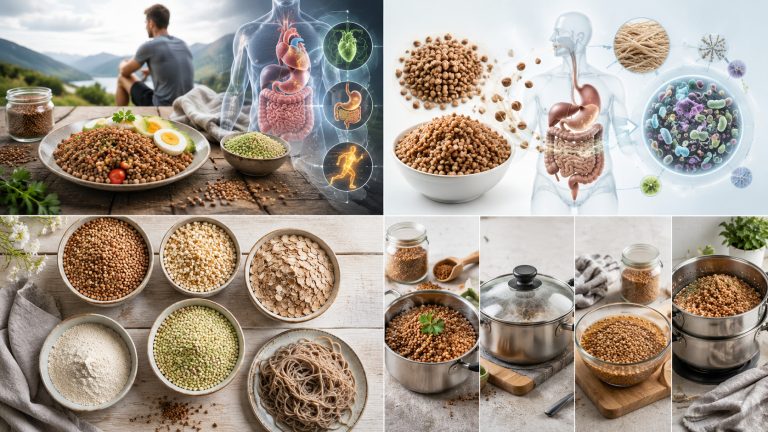 четырьмя способами приготовления гречки, кастрюля с рассыпчатой кашей, короткая варка с последующим настаиванием под крышкой, миска с замоченной на ночь крупой и пароварка, рядом сухая и готовая гречка