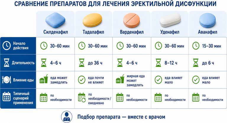 силденафил, тадалафил, варденафил, уденафил и аванафил показаны как нейтральные таблетки без брендов; рядом шкалы “начало действия”, “длительность”, “влияние еды”, “типичный сценарий применения