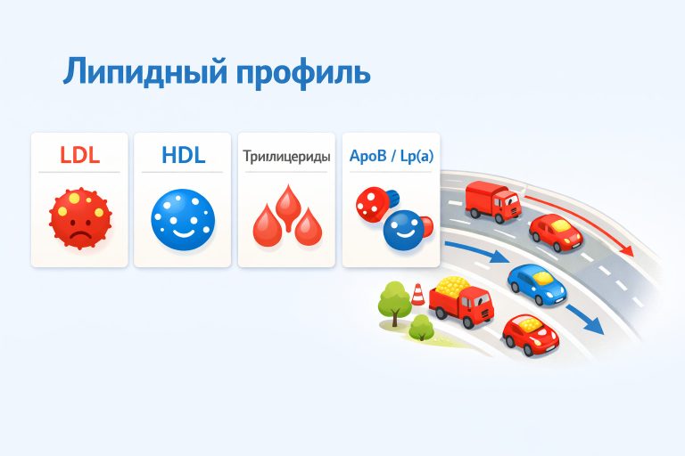четыре карточки на светлом фоне — LDL, HDL, триглицериды, ApoB/Lp(a); рядом простая схема «частицы холестерина как транспорт на дороге»,