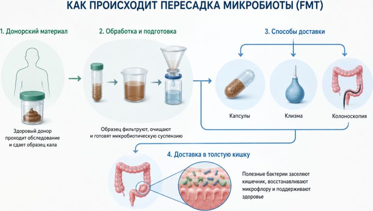 донорский материал проходит лабораторный скрининг, фильтрацию и подготовку, затем варианты доставки — капсула, клизма, колоноскопия, доставка в толстый кишечник