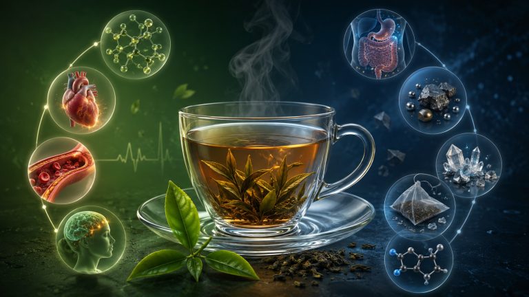 прозрачная чашка свежезаваренного чая и листья Camellia sinensis, слева мягко показаны полифенолы, сердце, сосуды и бодрость, справа — связывание железа, частицы тяжёлых металлов, фтор, пластиковый чайный пакетик и кофеин