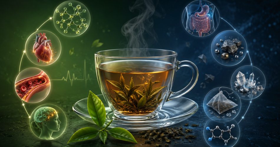прозрачная чашка свежезаваренного чая и листья Camellia sinensis, слева мягко показаны полифенолы, сердце, сосуды и бодрость, справа — связывание железа, частицы тяжёлых металлов, фтор, пластиковый чайный пакетик и кофеин