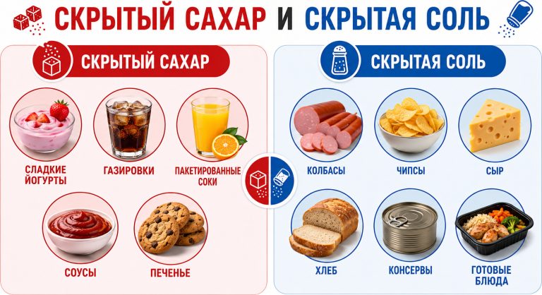 слева сладкие йогурты, газировка, соки, соусы и печенье как источники скрытого сахара; справа колбасы, чипсы, сыр, хлеб, консервы и полуфабрикаты как источники скрытой соли