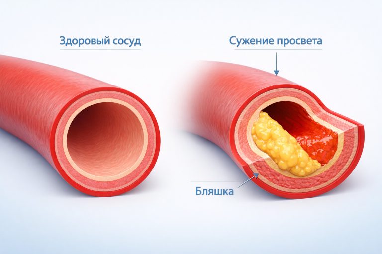 слева здоровый широкий просвет, справа сосуд с атеросклеротической бляшкой, чистый бело-синий фон, аккуратные подписи «здоровый сосуд», «бляшка», «сужение просвета»