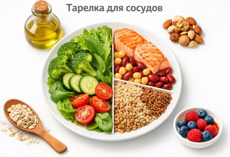 «тарелка для сосудов»: половина тарелки овощи и зелень, четверть рыба или бобовые, четверть цельные крупы; рядом маленькие элементы — оливковое масло, орехи, овсянка, ягоды;