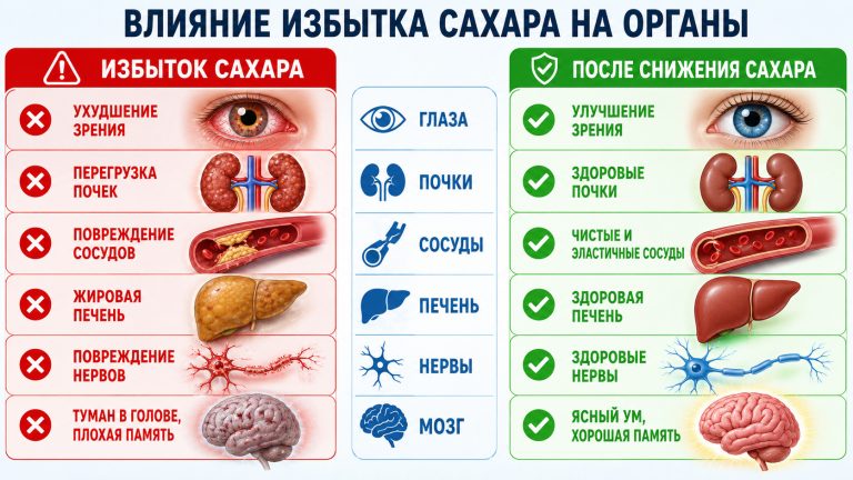 глаза, почки, сосуды, печень, нервы и мозг, показаны красные сигналы при избытке сахара и зелёные улучшения после снижения сахара
