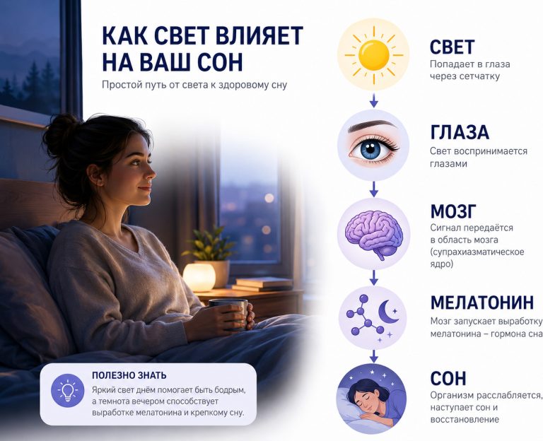 человек вечером в затемненной спальне, рядом схема “свет → глаза → мозг → мелатонин → сон