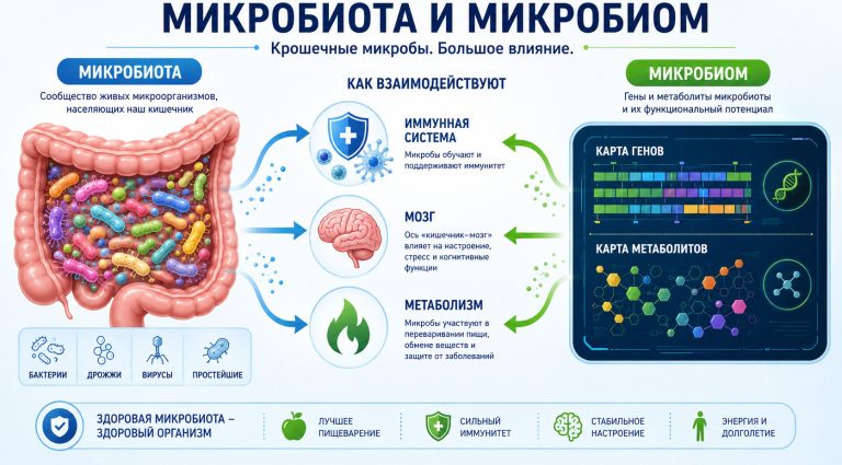 слева кишечник с разными микроорганизмами, справа цифровая карта генов и метаболитов бактерий, между ними стрелки взаимодействий с иммунитетом, мозгом и обменом веществ
