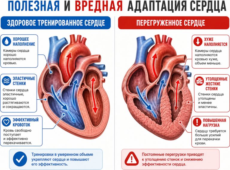 здоровое тренированное сердце с хорошим наполнением и эластичными стенками, справа перегруженное сердце с утолщенными жесткими стенками; показать кровоток стрелками