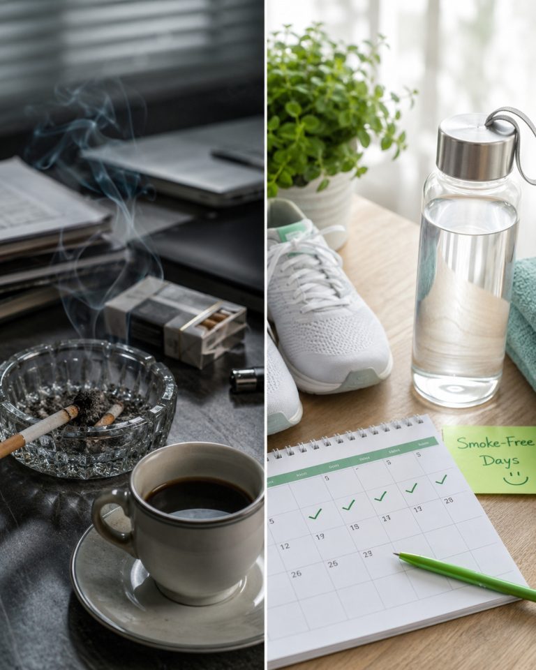 left side grey smoking routine with coffee and ashtray, right side bright healthy routine with walking shoes, water bottle and calendar marked smoke-free days