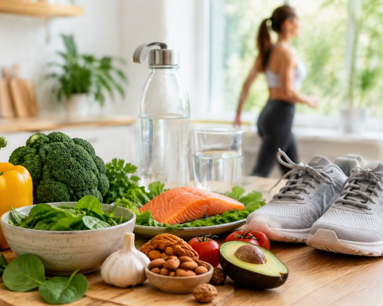 Healthy liver lifestyle concept, fresh vegetables, broccoli, fish, water, walking shoes and active person in bright kitchen