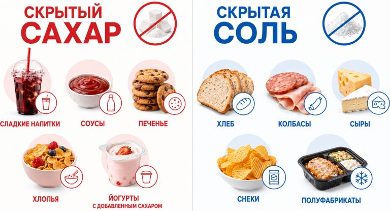 на одной стороне сладкие напитки, соусы, печенье, хлопья и йогурты с добавленным сахаром; на другой стороне хлеб, колбасы, сыры, снеки и полуфабрикаты как источники скрытой соли