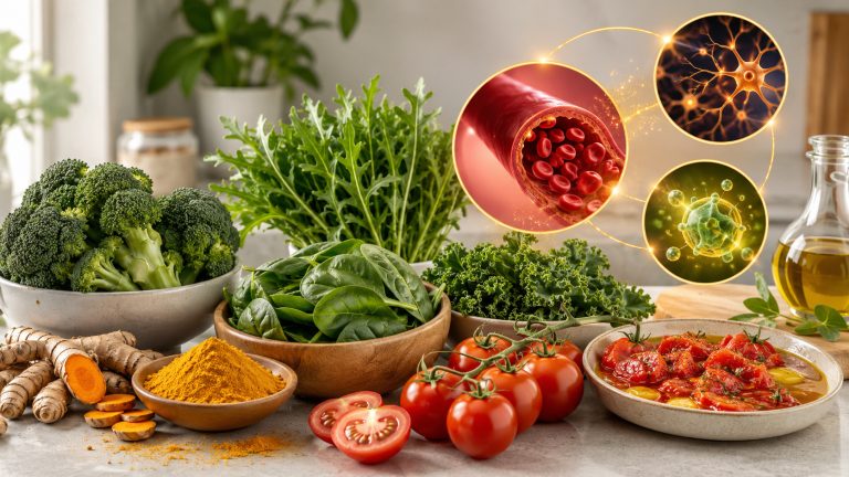 фуд-композиция о растительных соединениях для мозга: куркума и корень куркумы, спелые и тушёные томаты с оливковым маслом, брокколи, шпинат, руккола и листовая капуста, рядом минималистичная схема кровеносного сосуда