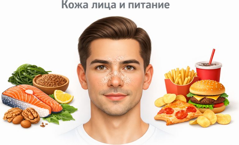на одной стороне продукты с омега-3 — жирная рыба, водоросли, льняные семена, грецкие орехи; на другой стороне ультрапереработанная еда и жареные продукты; в центре лицо с зонами шелушения вокруг носа и бровей