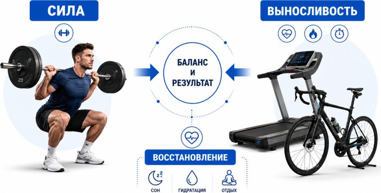 слева спортсмен делает приседания со штангой, справа беговая дорожка и велосипед, между ними стрелки баланса, подписи “сила”, “выносливость”