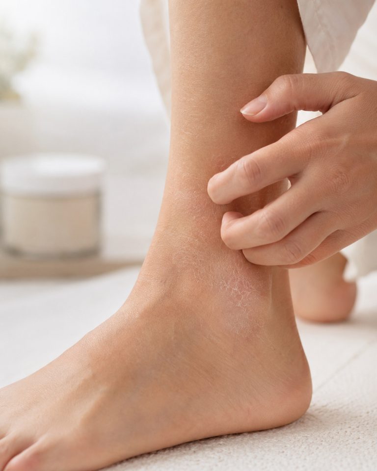 person touching dry itchy skin on ankle, clean bright background, subtle medical context