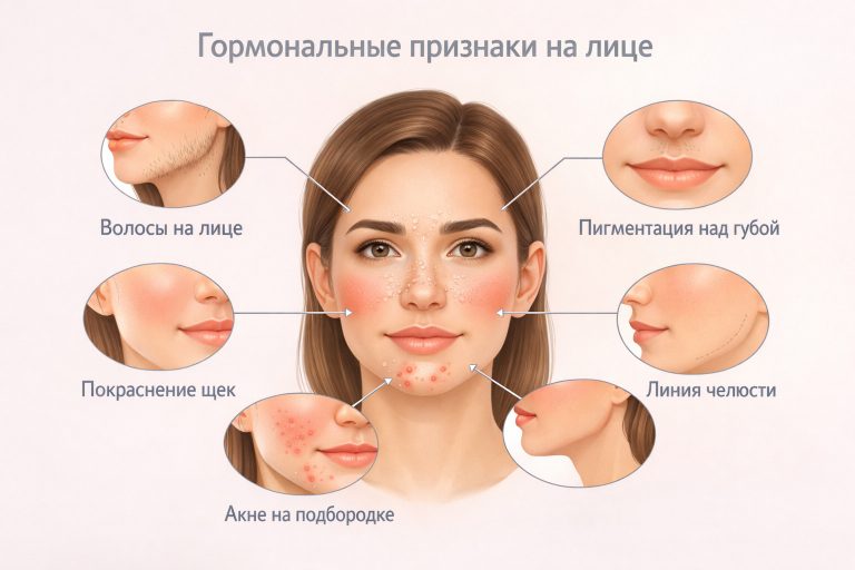 подбородок с акне, щеки с покраснением, зона над губой с пигментацией, линия челюсти, волосы на лице у женщины; стиль аккуратной дерматологической схемы