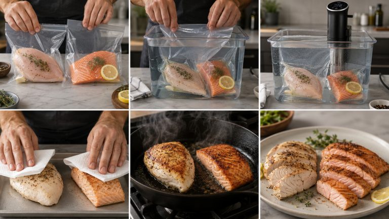 последовательность приготовления куриной грудки и лосося методом сувид: упаковка в термостойкий пакет, удаление воздуха водой, погружение в циркулирующую водяную ванну, извлечение и тщательное обсушивание, быстрая обжарка на раскаленной сковороде, готовое сочное блюдо в разрезе